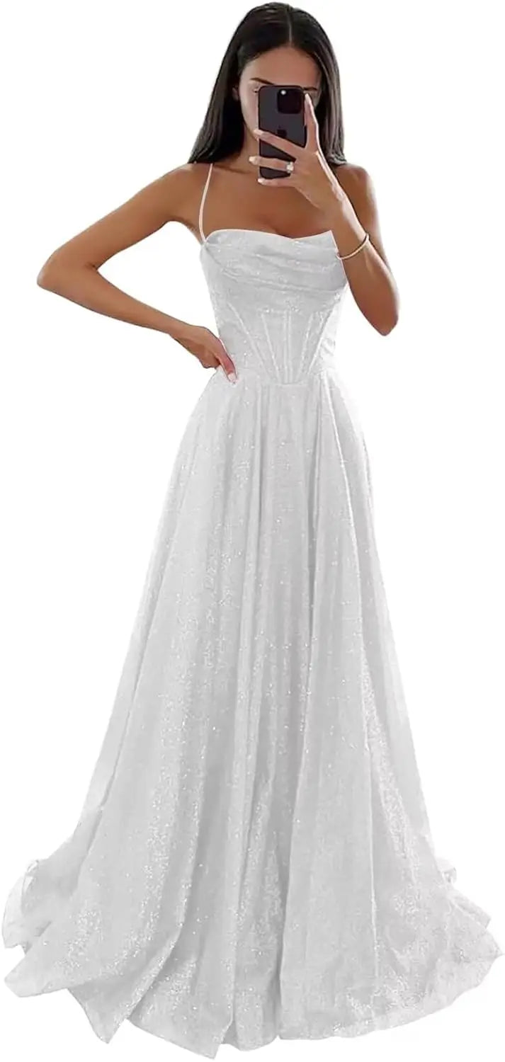 Spaghetti Straps Sleeveless Prom Dress for Women Long Shiny Tulle Formal Evening Party Gown with Slit Formal Dress Women Elegant