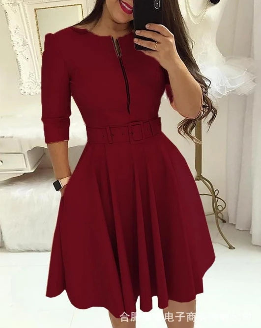 Urban Style for Women 2024 Sprin Summer Medium Length Skirt Elegant Sexy U-Shaped Collar Solid Color Zipper Print One Step Dress