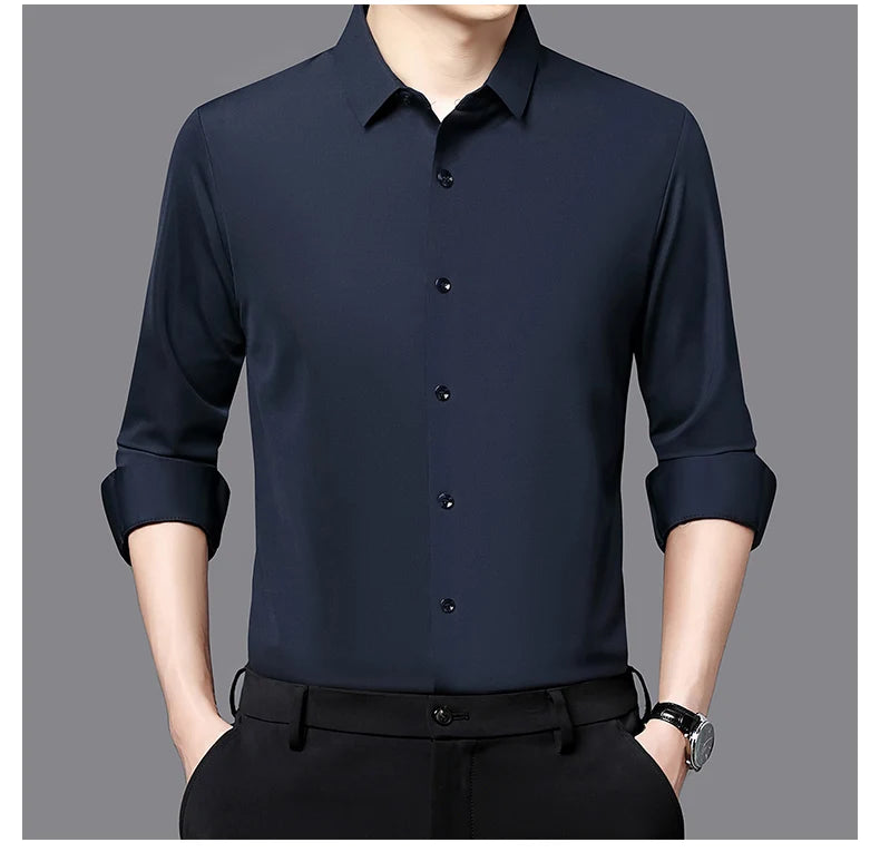 Camisa masculina premium ultraelástica - Camisa formal de manga comprida de seda de alta qualidade para uso social e casual