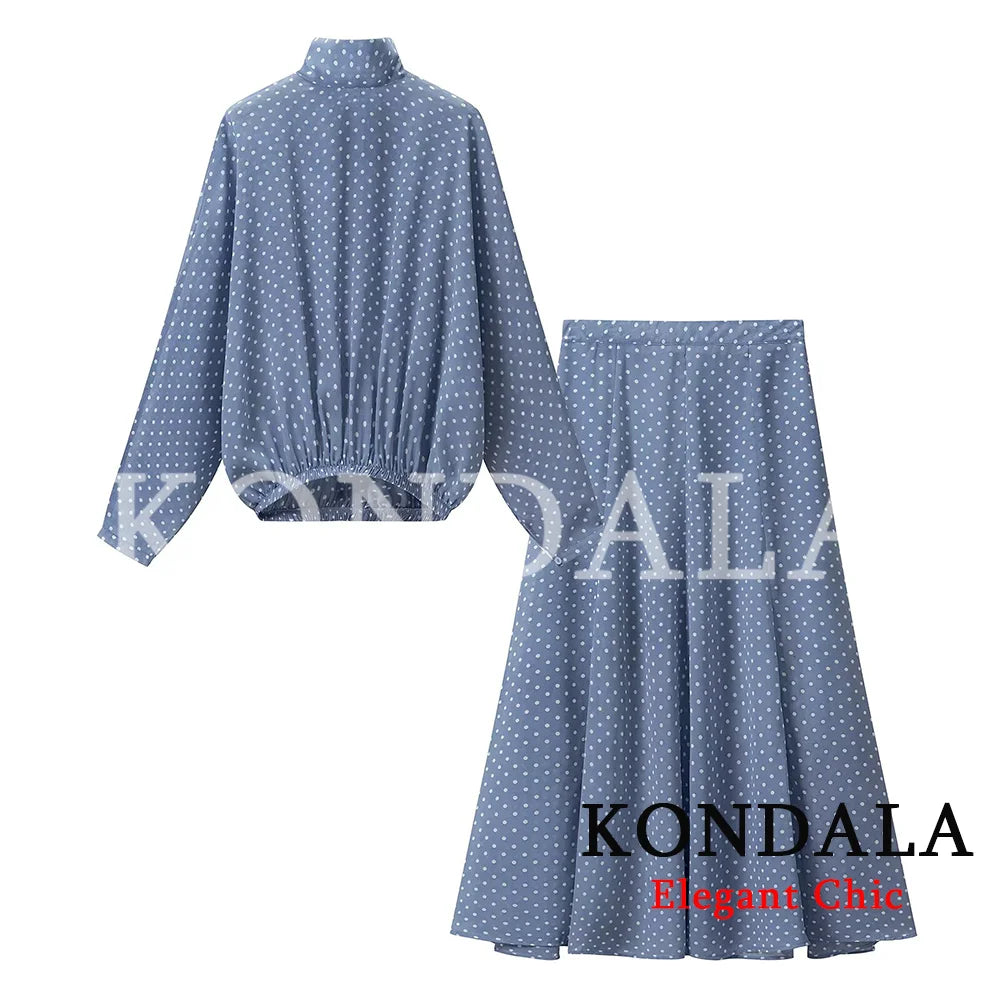 KONDALA Elegant Polka Dot Skirt Set Women's Summer Holidays Beach Casual Set Bow Collar Shirt, Midi Skirt 2026 Trendy Skirt Set