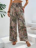 Calças de cintura alta com estampa da moda, pernas largas, primavera-verão, roupas femininas, calças casuais soltas, faixas elásticas, estilo boho, calças de praia