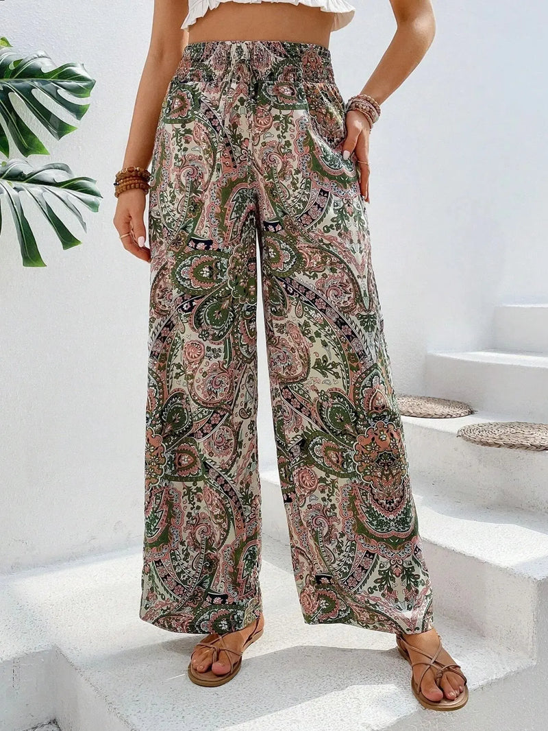 Calças de cintura alta com estampa da moda, pernas largas, primavera-verão, roupas femininas, calças casuais soltas, faixas elásticas, estilo boho, calças de praia