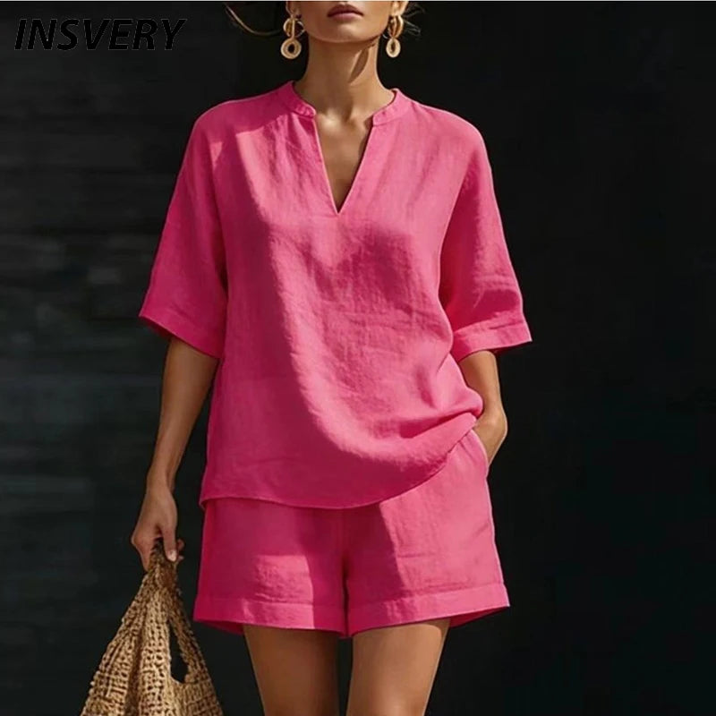 Summer Casual Cotton Linen Two Piece Set For Women V Neck Short Sleeve Shirt High Waist Pocket Short Suit Women Comfortable Set