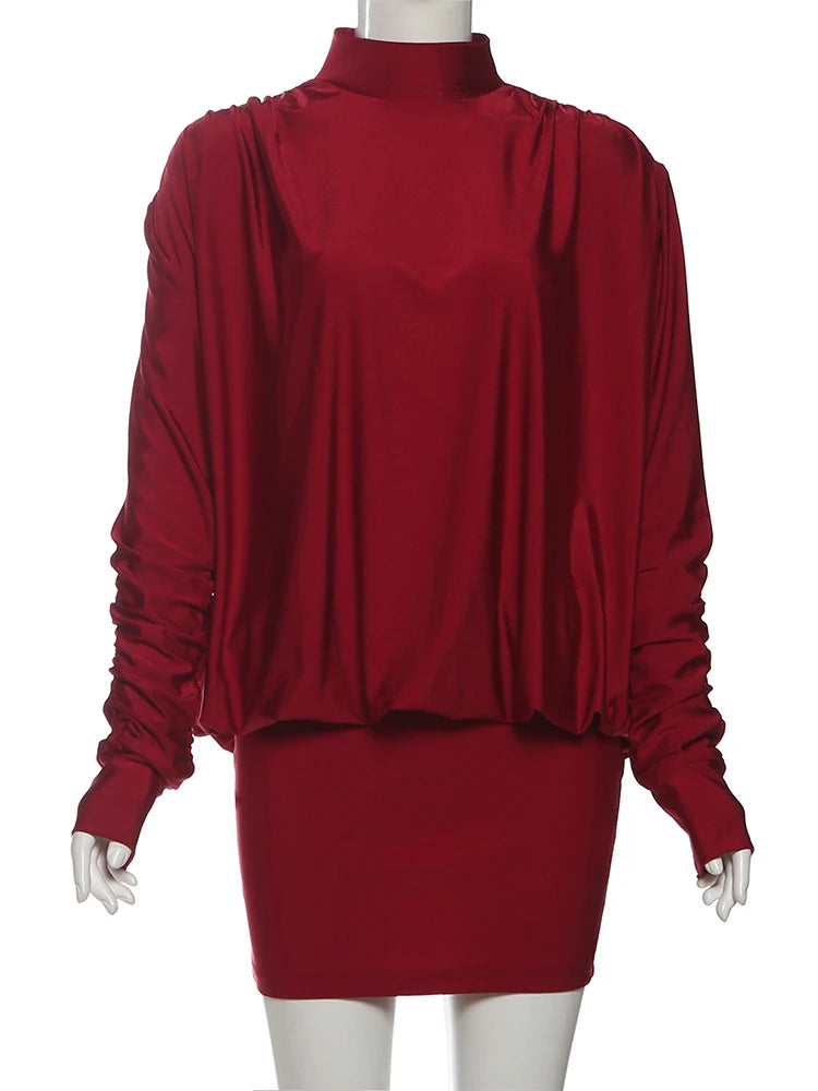 Nibber Backless Dress Women Full Sleeve Turtleneck Folds Solid Skinny Birthday Party Autumn Trend Elegant Chic Mini Bodycon