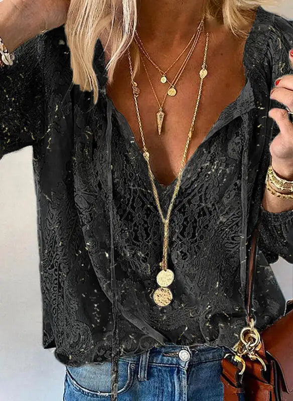 Blusas femininas 2025 Moda Primavera Verão Boho Renda Oco Decote Em V Profundo Pulôver Camisa Feminina Elegante Blusa Casual Tops Soltos
