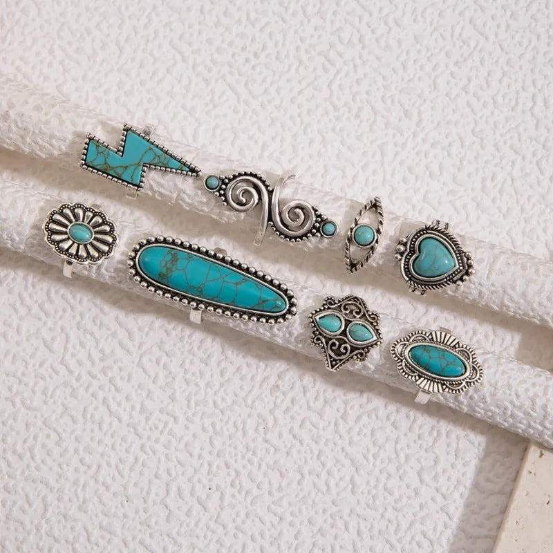 8Pcs set Vintage Bohemian Crystal Turquoise Stacking LOVE Rings Knuckle Rings Lightning Carved Rings Western Jewelry for Women