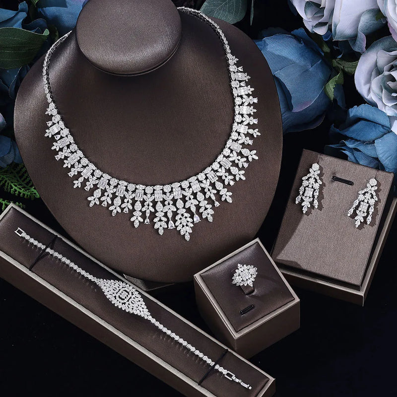 Conjunto de joias de casamento de zircônia cúbica, conjunto de 4 peças para noivas, conjunto de joias femininas, reprodução de marca de joias
