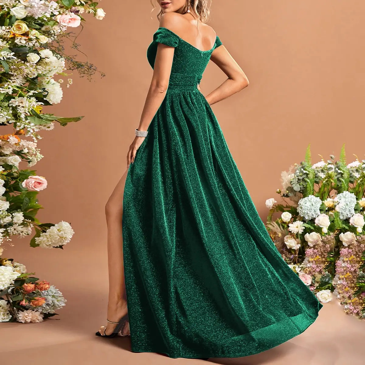 Off Shoulder Split Thigh Glitter Dress