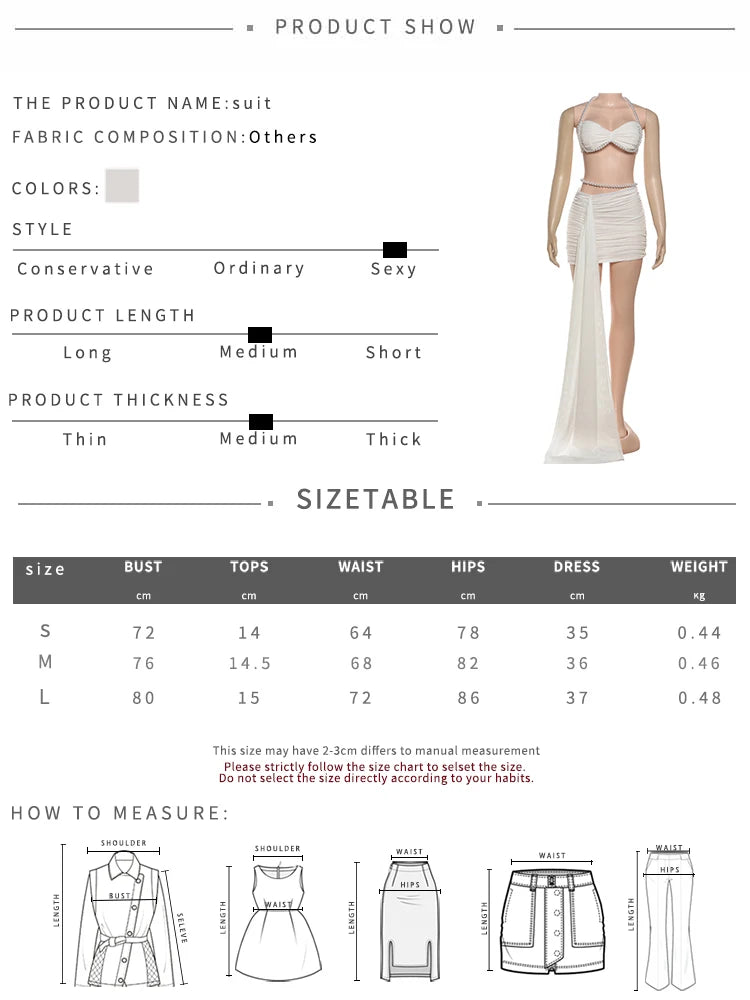 Weird Puss Elegant Bead Halter 2 Piece Set Women Sexy Ruched Mesh Backless Sleeveless Bra Vest+Ribbon Skirts Vacation Party Suit