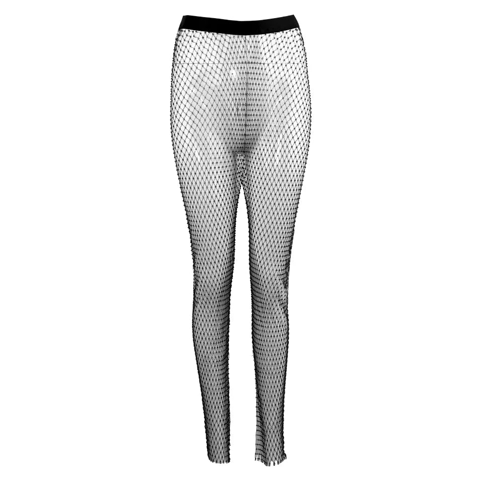 Sparkle Diamante Fishnet Wide Leg Trousers Crystal Mesh Flare Pants High Waisted Rhinestone Split Hem Leggings