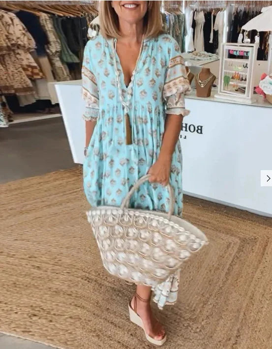 Boho Printed Chic V-neck Tassel Long Dress Women‘s Spring Pocket Party Dress Fall Half Lantern Sleeve Ruffles Maxi Dress Summer