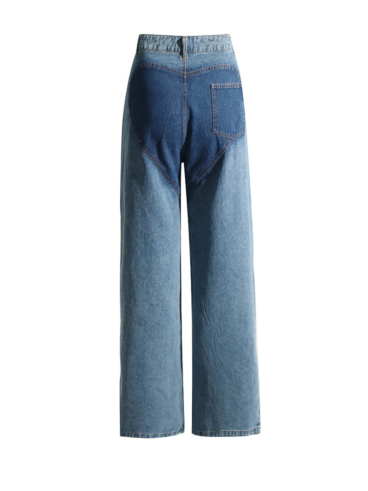 TWOTWINSTYLE Calça jeans feminina com zíper e patchwork, cintura alta, vazada, casual, perna larga, roupa feminina, nova moda