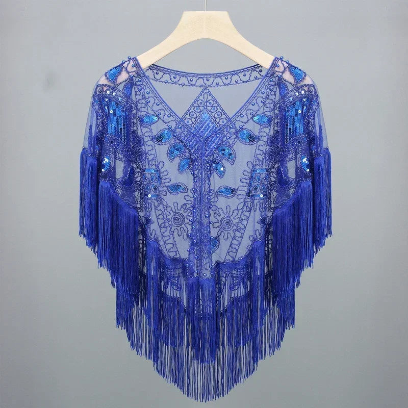 Summer Sequins Tassels Poncho Women Coat Party Outfits Cape Mesh Jacket Ladies Cloak Shawls Casaco Outerwear Wraps Woman Clothes