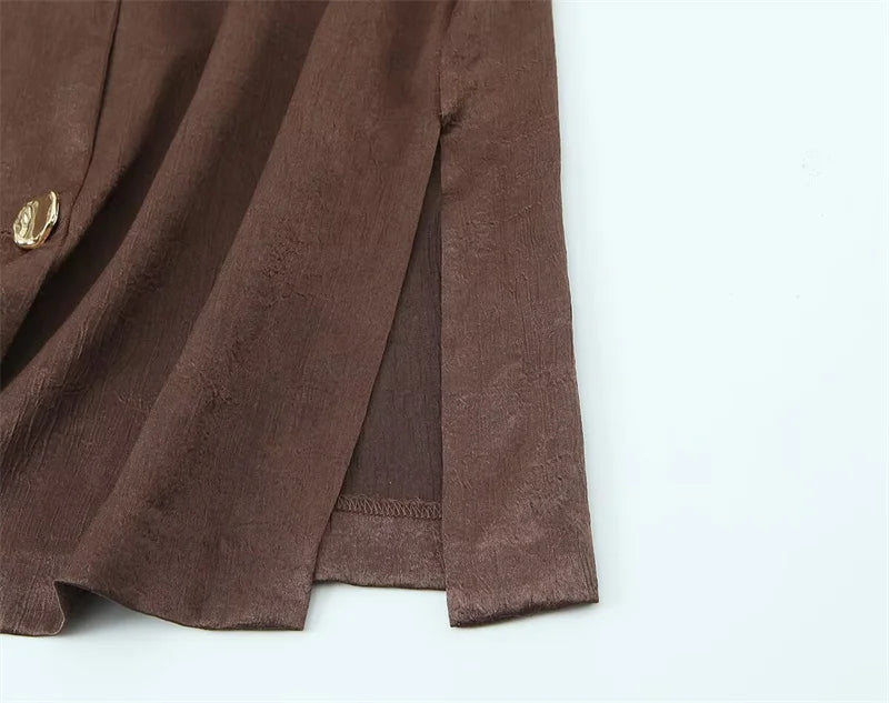 Women's Suit 2026 Spring New Style Reddish-Brown Long Sleeve Draped Pleated Decorative Simple Blazer and Trousers Set Fashion