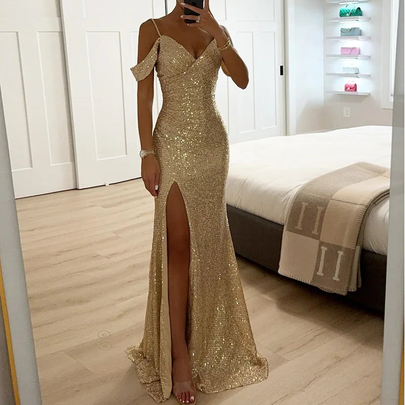 Summer Women Spaghetti Strap Solid Party Dress, 2024 V Neck Sequins Patchwork Maxi Dress, New Sexy Sleeveless Split Ladies Dress