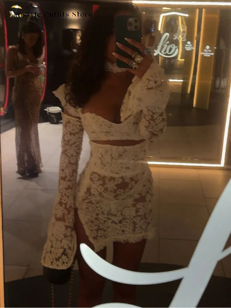 Lace Mini Skirt Set Women Hollow Out Cold Shoulder Crop Top Side Split Skirts Suit Female Summer Holiday Sexy Sets Lady Beach
