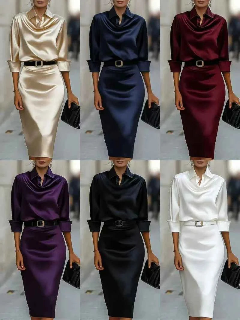 Satin Cowl Neck Shirt Dress With Belt Long Sleeve Bodycon Midi Dress For Women Elegant Casual Party Evening Gown