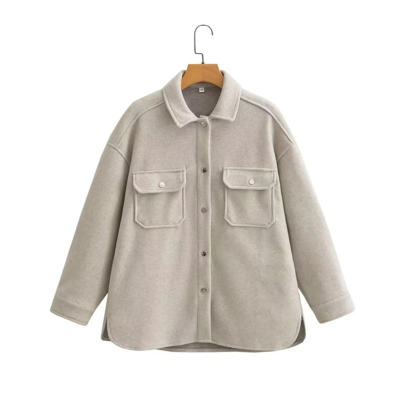 Casaco de lã feminino elegante e casual versátil de manga comprida e abotoamento simples