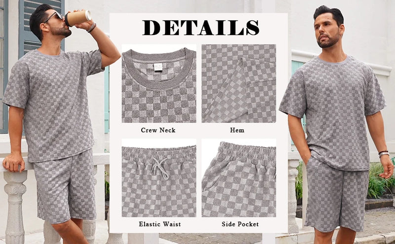 Conjunto de shorts casuais de perna reta e tamanho grande, camiseta xadrez jacquard de manga curta para homens, verão 2025