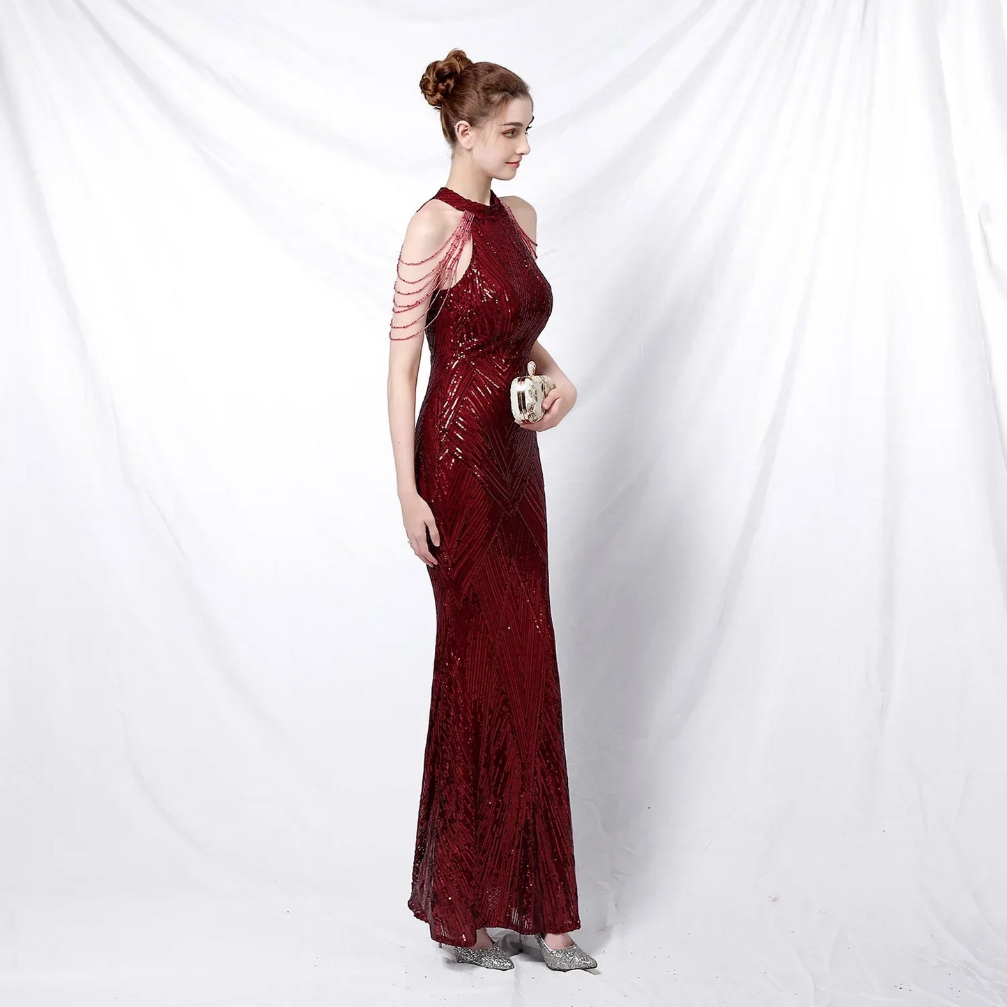 Xmas Sequin Maxi Dress Halter Neck Stripe Mermaid Long Lady Coctail Prom Dress Party Evening Dancing Performance Shimmering Wear