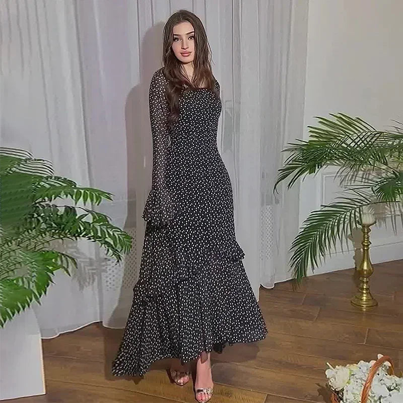 2025 Women's Dress Elegant Fresh Sweet Polka Dot Print Asymmetrical Layered Long Sleeve Tie Details High Waist Slim Maxi Dress