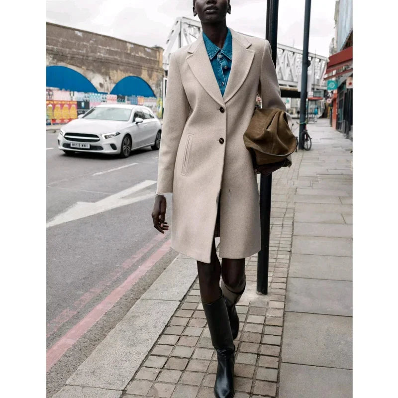 Winter New Women's Casual Long Sleeve Notch Collar Soft Shoulder Padded Coat Outerwear Polyester Fiber Straight Tube Type