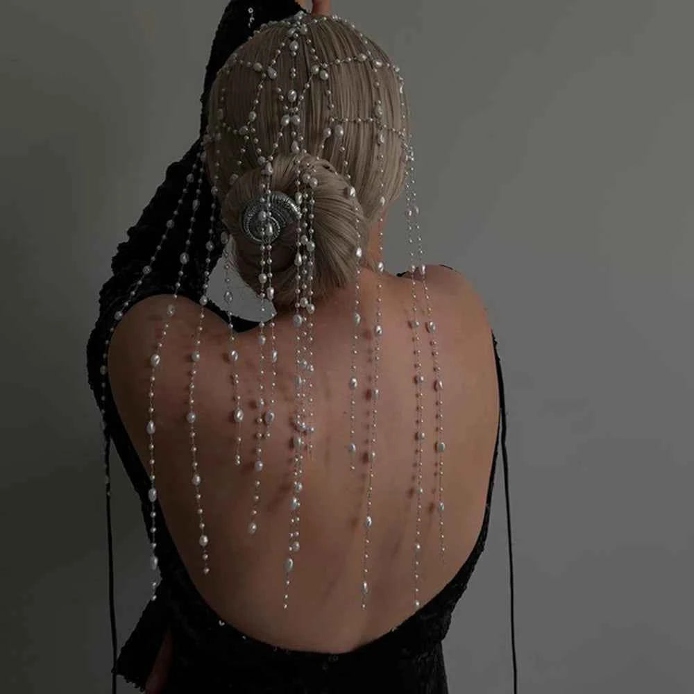 Princess Imitation Pearl Mesh Headpiece Wedding Wig Accessories Elegant Round Rhinestone Tassel Hair Chain Band Prom for Women