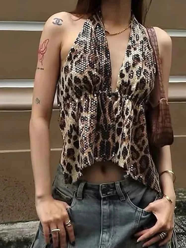 Weird Puss Leopard Sequins Women Vest Y2K Backless Halter V-Neck Lace-Up Sleeveless Street Skinny Wild Summer Trend Tank Tops