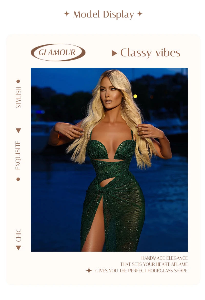 VC Glamorous Strapless Green Sequin Maxi Dress with Corset Style Bodice and Slit Party Evening Gown