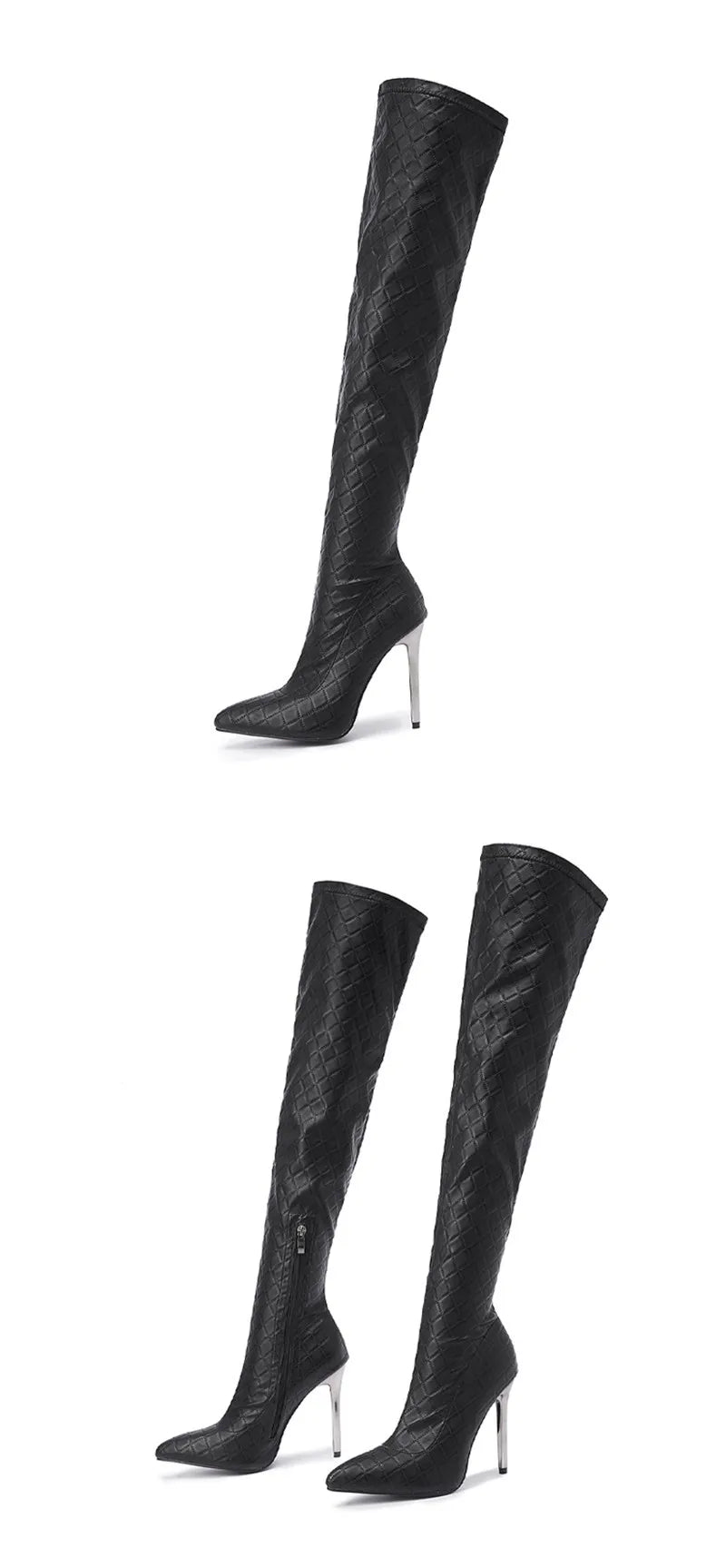 Botas femininas acima do joelho Eilyken Sexy Nightclub Party Stripper Salto agulha Fashion Bico fino Zíper Cano alto