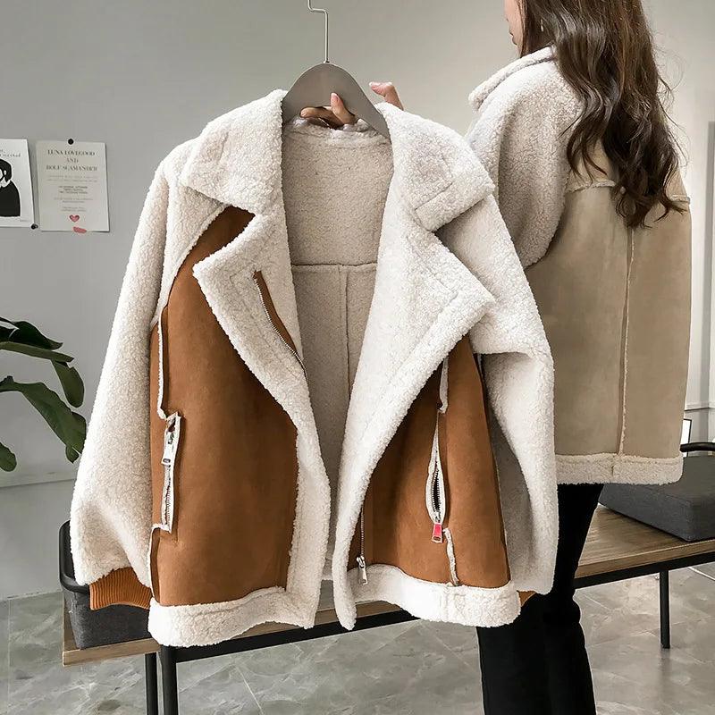 Jacket Women Bomber Coat Thickened Casual Loose Outerwear Clothing Pocket Lamb Hair Overcoat Autumn Winter Topcoat Plus Size - CRAVO ROSE