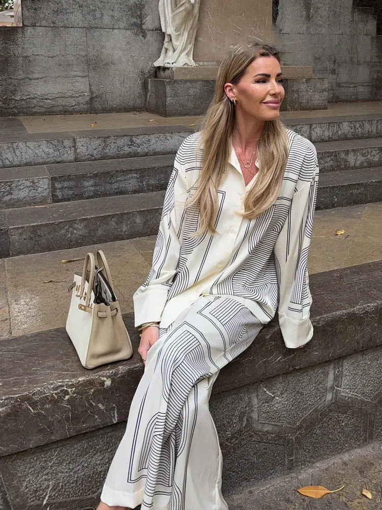 HH 2025 Women Trouser Suit Turn-down Collar Long Sleeve Single-breasted Slim Print Shirt+High Waist Zipper Loose Long Pants