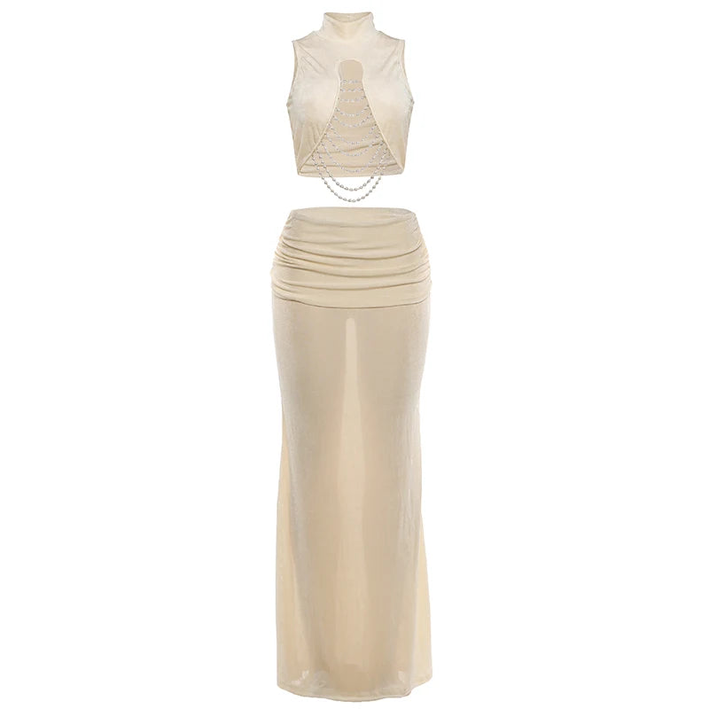 Kliou Elegant Chic 2 Piece Set Woman Turtleneck Beads Chain Decoration Irregular Crop Tops+Ruched Elastic Waist Long Skirt Suits