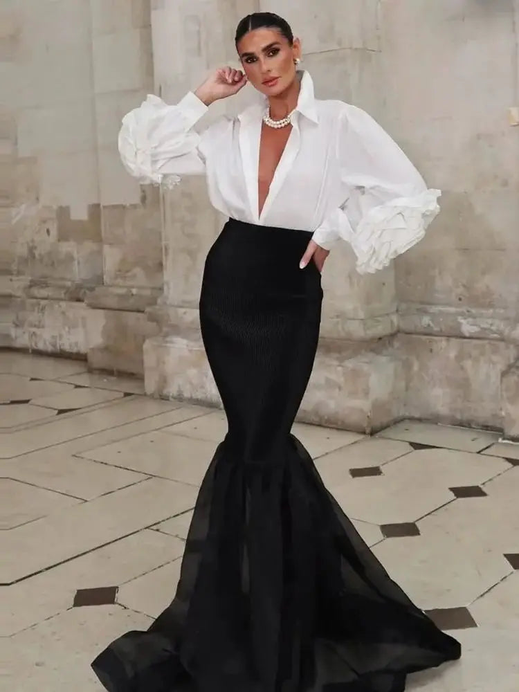 Black Satin Mermaid Skirt  See Through Bottom Long Evening Party Skirt Custom Made  Office Lady Maxi Long Skirts For Birthday
