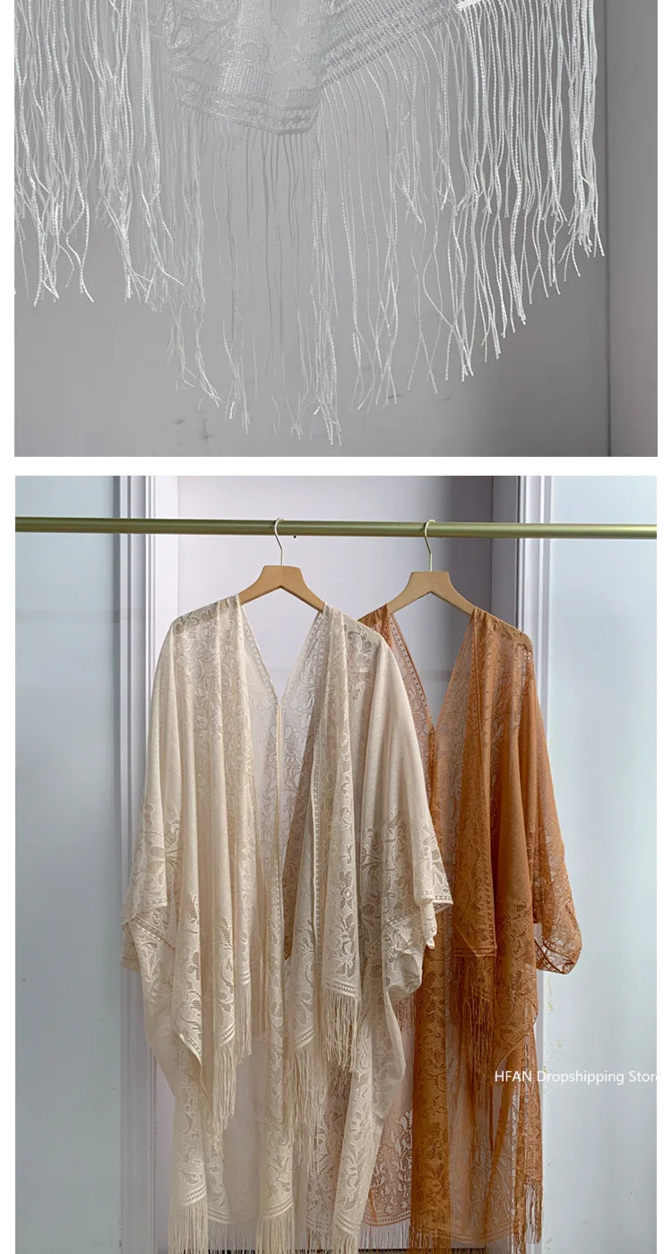 Women Sun Protection Shawl Lady Summer Hollow Out Lace Cardigan Holiday Bikini Blouse Breathable Beach Cape Sexy Long Tippet