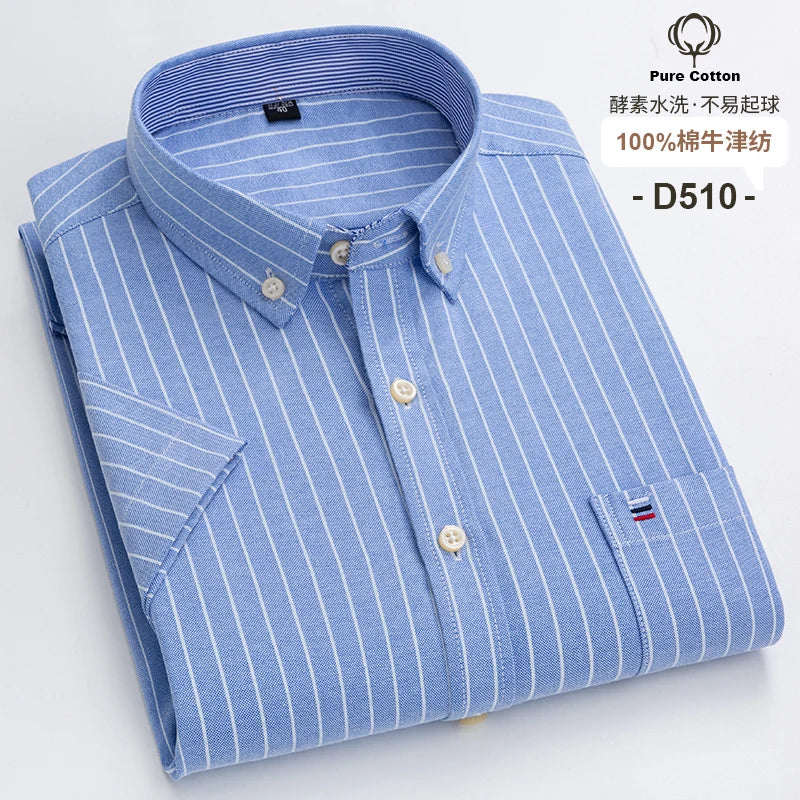 Men's Pure Cotton Oxford Short Sleeve Summer Casual Shirts Comfortable Standard-fit Button-down Plaid Solid Color Cotton Shirt