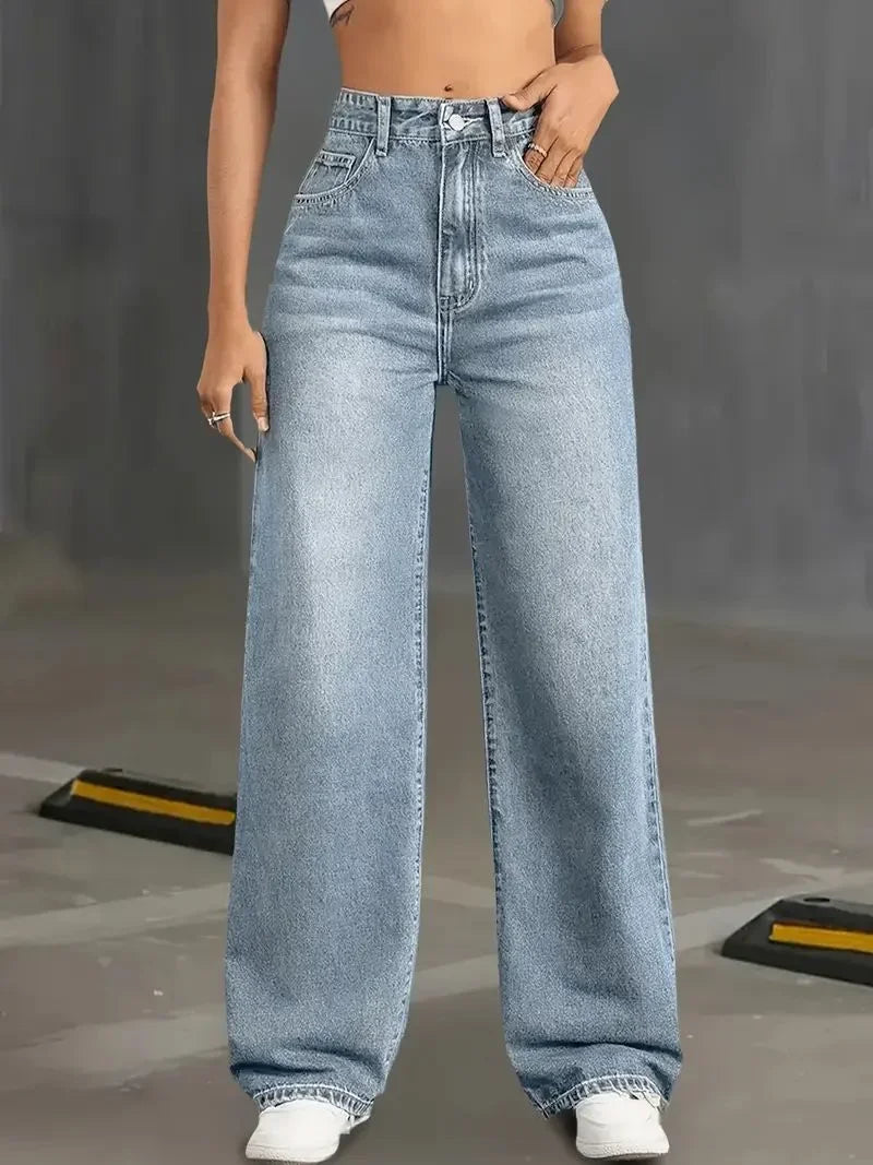 Classic Blue Y2K Jeans for Women Straight Leg Stretchy Denim Trousers Simple Design Retro Style Elastic Waist