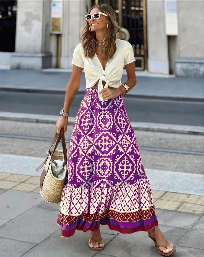 Saia maxi estampa boho feminina moda cintura alta impressão 3D vestido longo casual solto verão saias de cintura alta