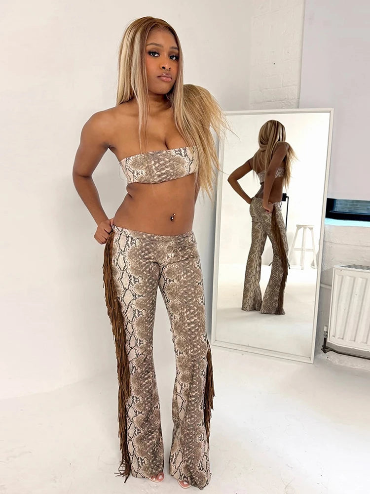 Weird Puss Side Tassel 2 Piece Set Women Tracksuit Mini Strapless+Straight Pants Matching Stretch Street Cool Hipster Outfits