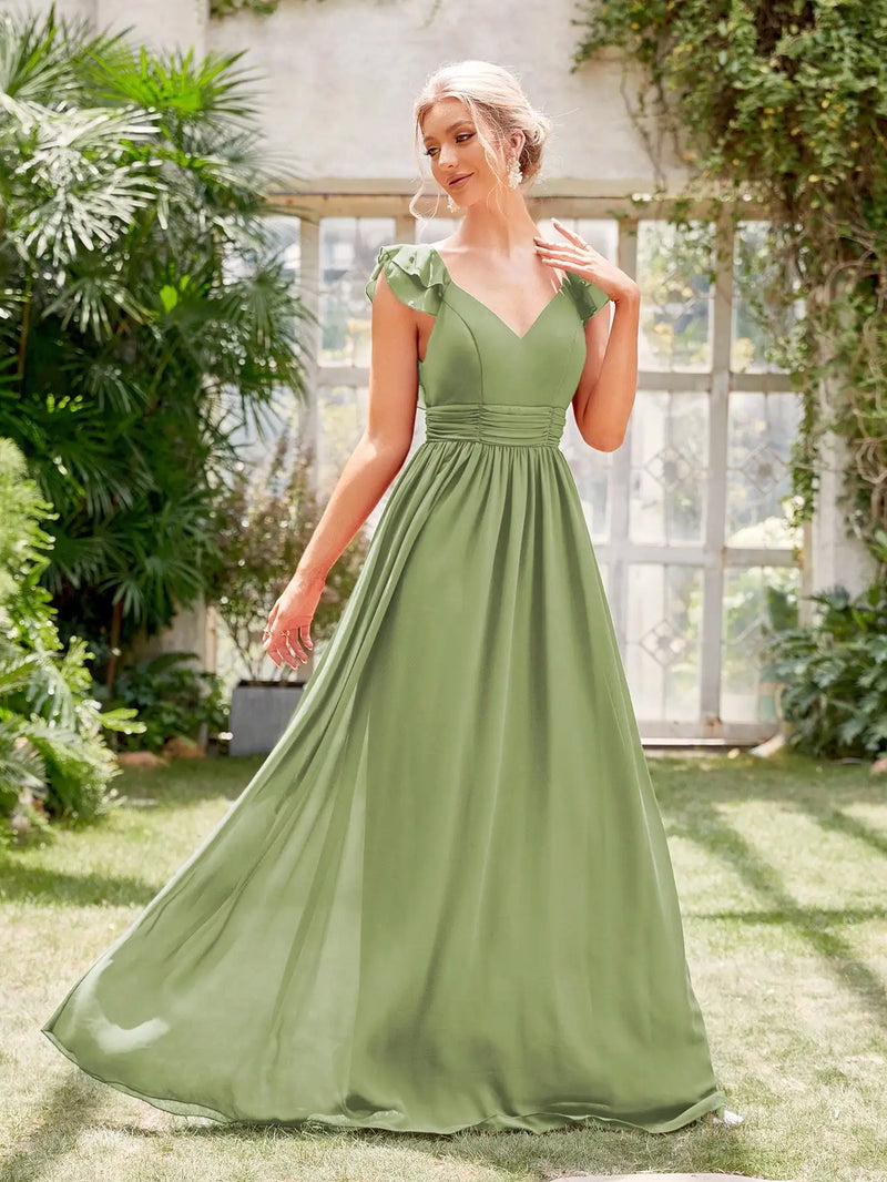 Vestido de noite longo com decote em V, manga curta, babados, renda, vestido de baile, vestido de festa, vestido de madrinha