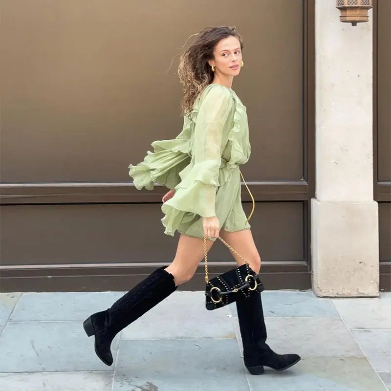 Elegant Women Green Irregular Ruffles Loose Mini Dress Fashion O Neck Full Sleeve Short Vestidos Spring Summer Chic Lady Dresses