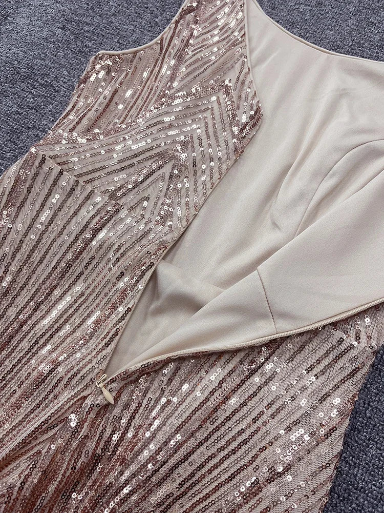 Vestido feminino de festa formal com decote redondo, lindo, ouro rosa, lantejoulas, saia longa de sereia, vestido de noite, vestido de coquetel