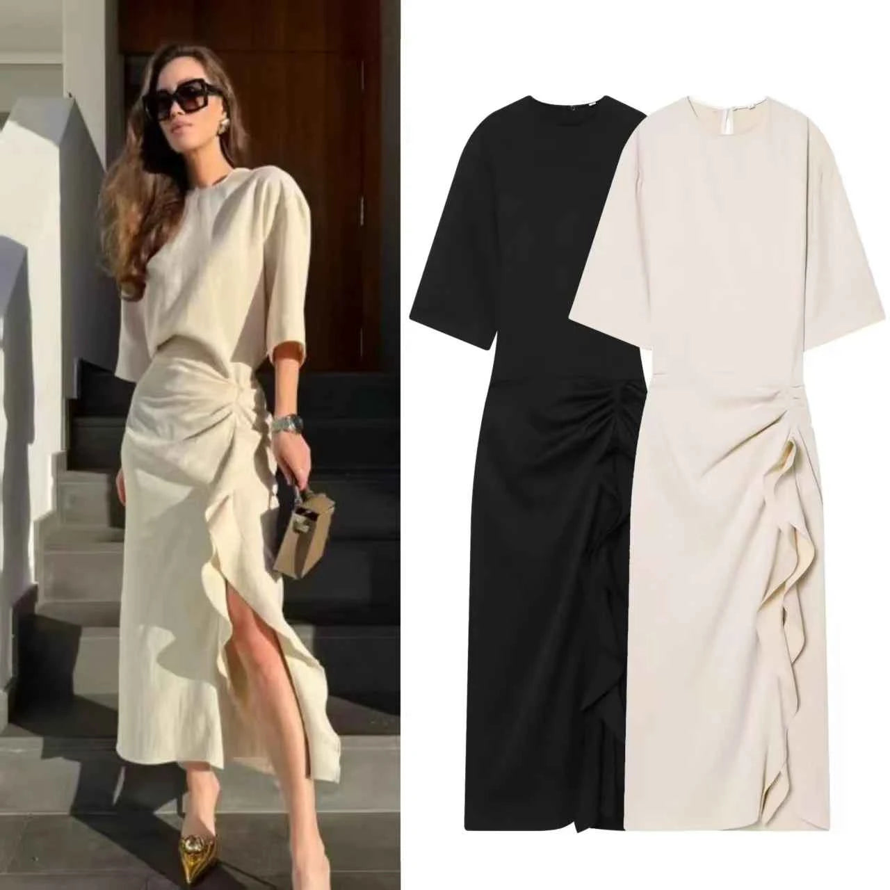 Women's Dress New Pleated Slit Midi Dress Spring Sexy Elegant Women's Long Dress