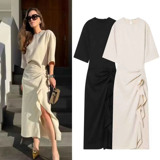 Women's Dress New Pleated Slit Midi Dress Spring Sexy Elegant Women's Long Dress