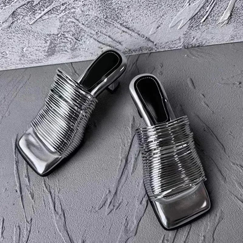 Square Toe Stiletto Sandals for Women Summer Shiny Solid Color High Heels Casual Half Slippers Shoes for Women Designer Sandals