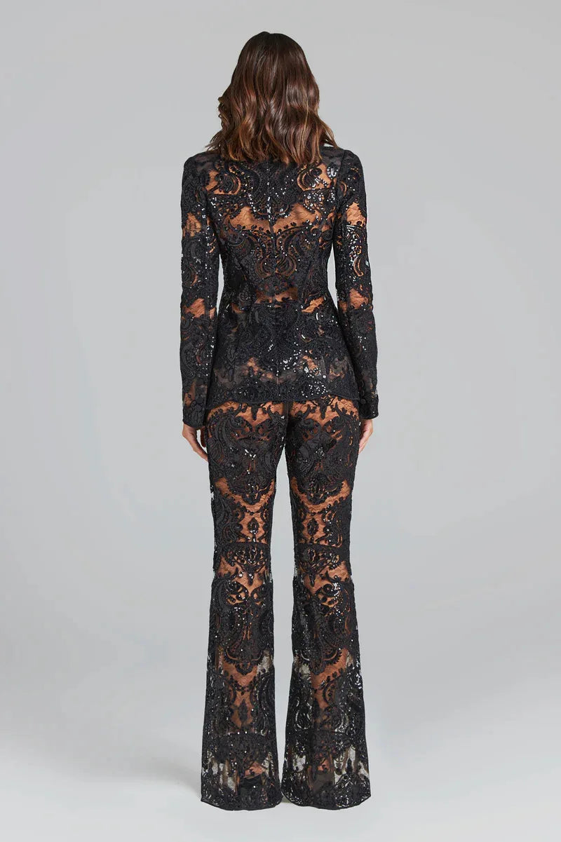 HIGH STREET Newest 2026 Designer Runway Suit Set Women's Single Button Guipure Lace Blazer  Flare Pants Set