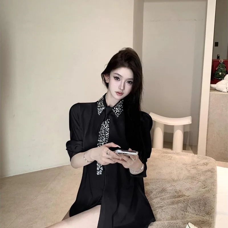Camisas de cetim com gravata diamantes para mulheres, blusas soltas de manga comprida com lapela e lapela, elegantes francesas, para combinar com todas as mulheres, primavera 2025