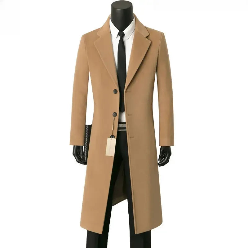 Sobretudo de lã masculino para outono e inverno, comprimento médio, casual, corta-vento quente, jaqueta com gola para pai