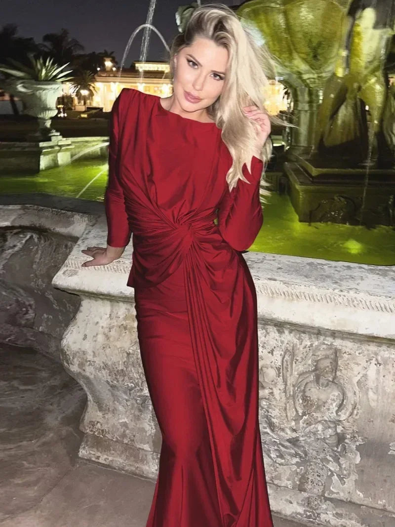 Elegant High Waist Folds Long Maxi Pink Dresses for Women 2025 Chic O-neck Long Sleeve Tunics Slim Solid Party Evening Dress