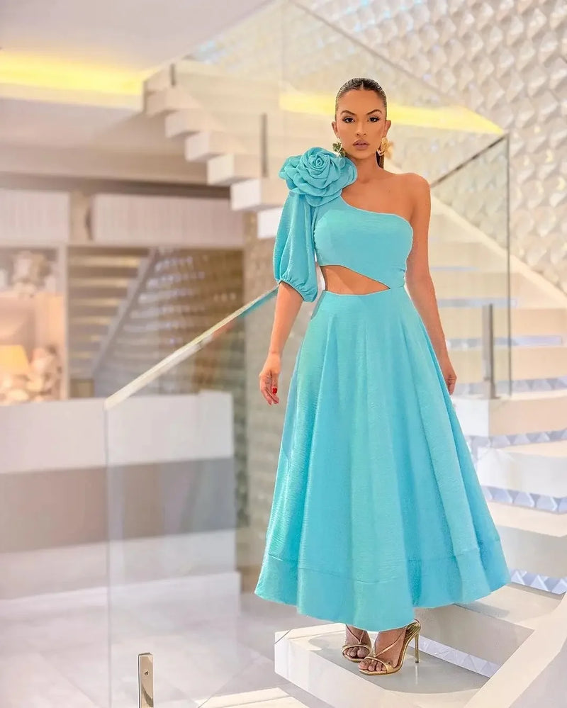 Women's Maxi Dress Appliques With Flower Sloping Shoulder Single Sleeve Waist Large Dress Women's Evening Wedding Midi Dress